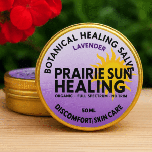Organic botanical healing salve by Prairie Sun Healing in a 50 ml gold tin, natural skin care for discomfort relief, for pain relief, displayed with flowers and greenery.